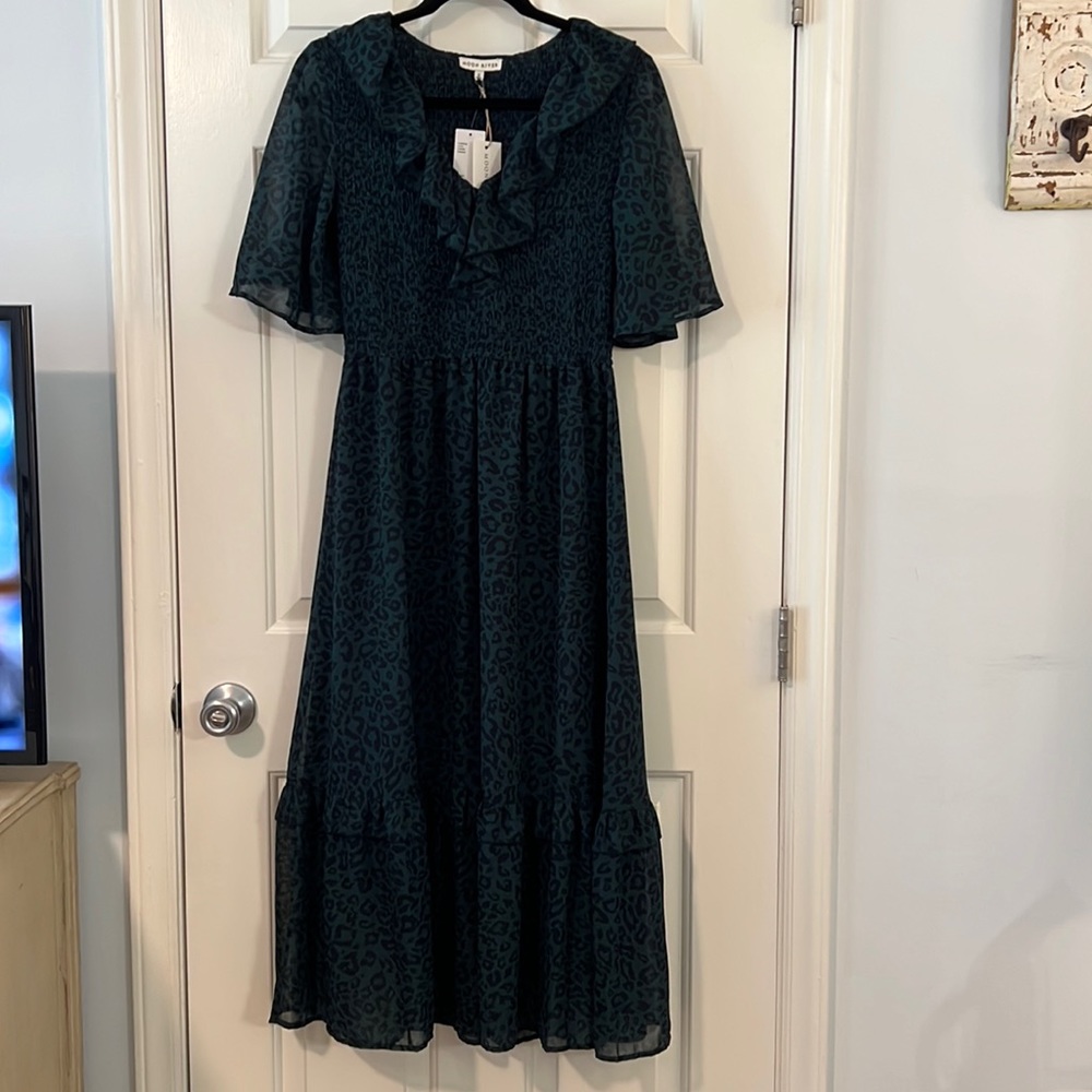Moon River Leopard Print Ruffle Maxi Dress - S